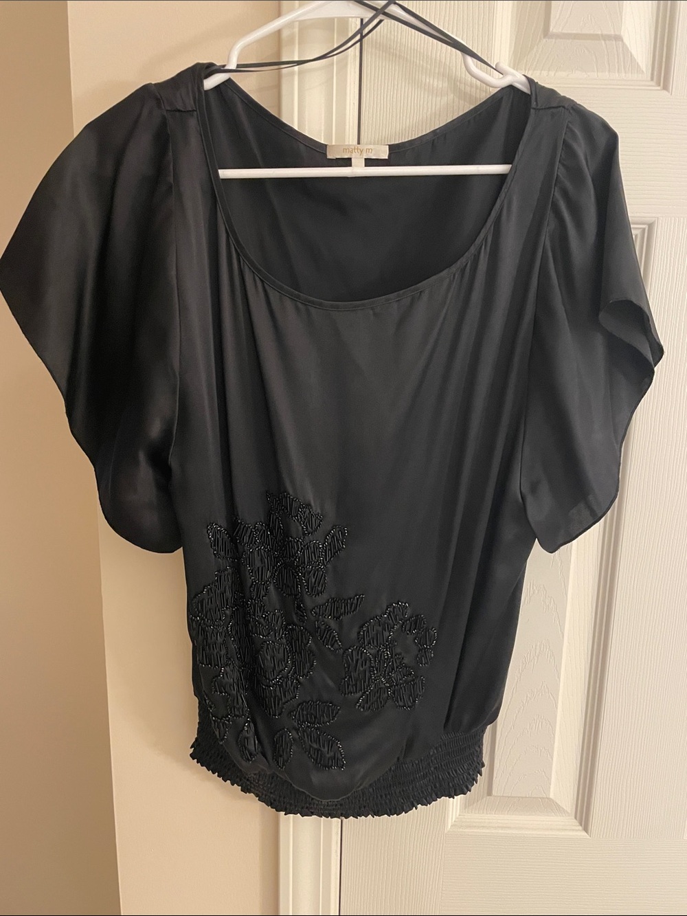 Black 100% Silk Women's Scoop Neck Blouse with Beaded Detail